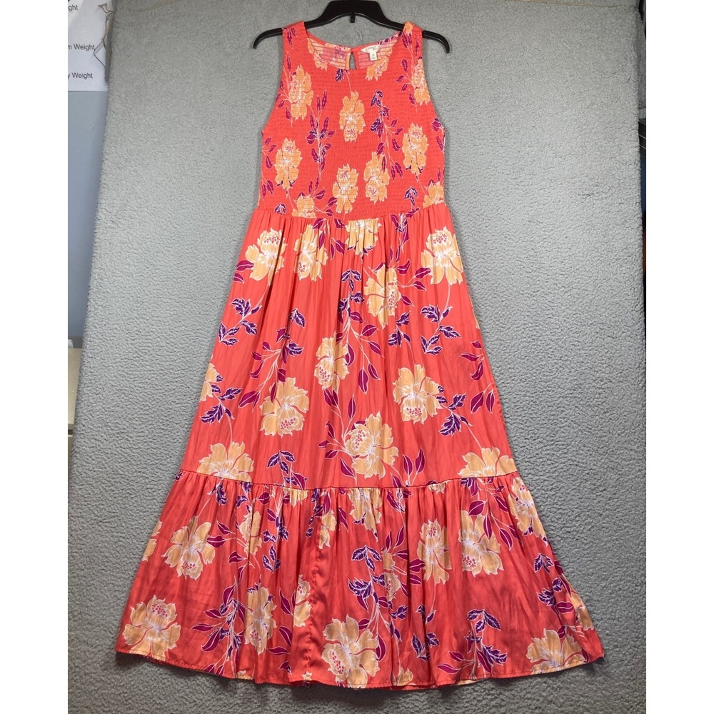 Terra & Sky Maxi Dress Womens 0X 14W Coral Floral Smocked Tiered Sleeveless